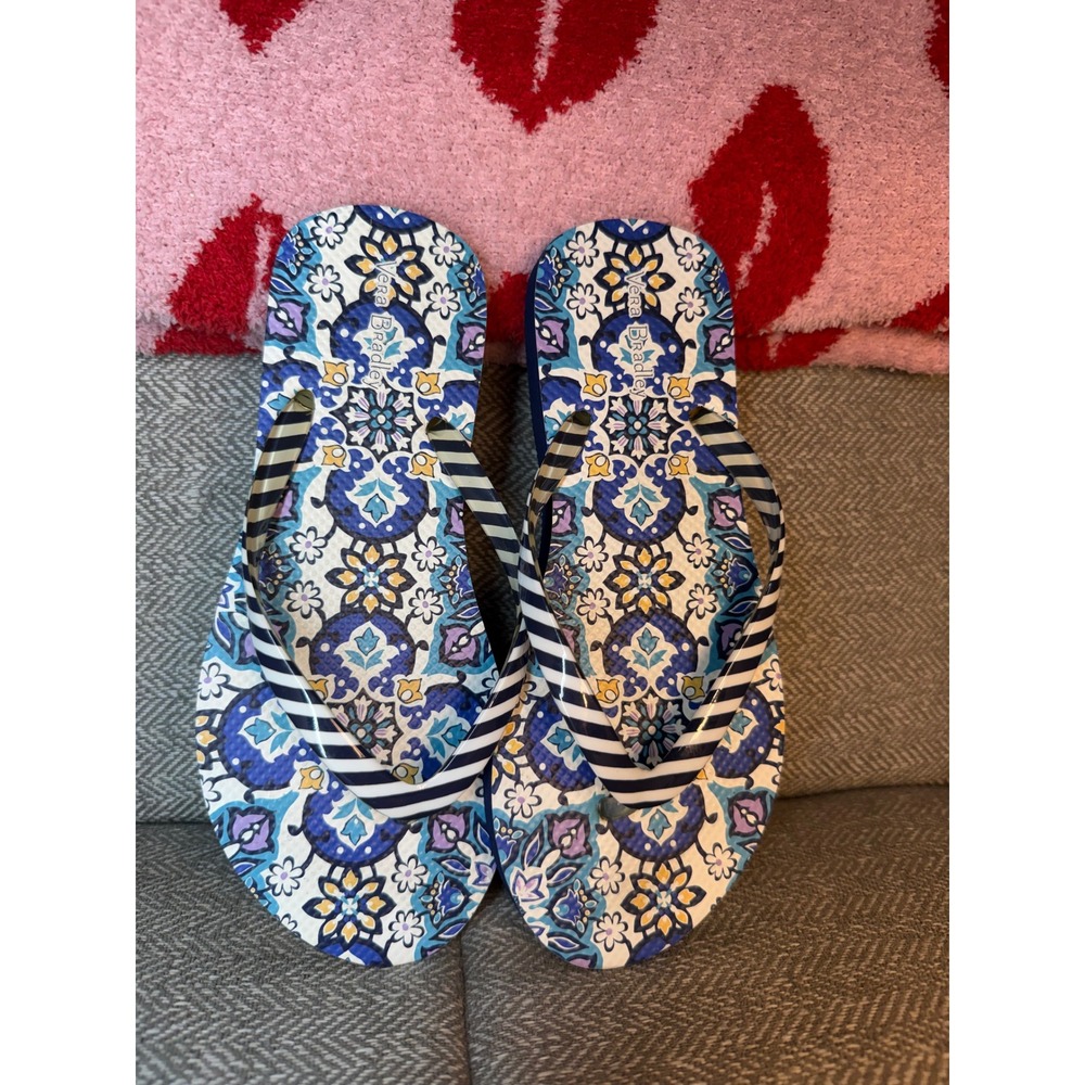 Vera Bradley Blue Floral Medallion Striped Flip Flop Sandals Womens Small 5-6